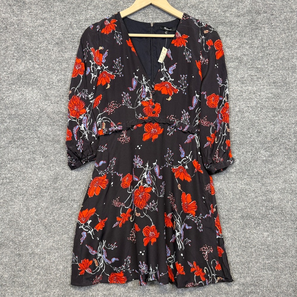 Madewell Size 0 Mini Shift Dress Navy Silk Windblown Poppies Print Ruffle Waist